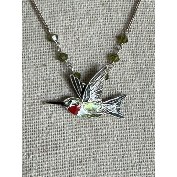 Hummingbird Pendant Necklace With Green Beads On Silver Chain 18 Inches Dainty - Picture 3 of 6